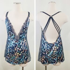 Victoria's Secret mini slip dress nightgown blue neon leopard lace strappy Small